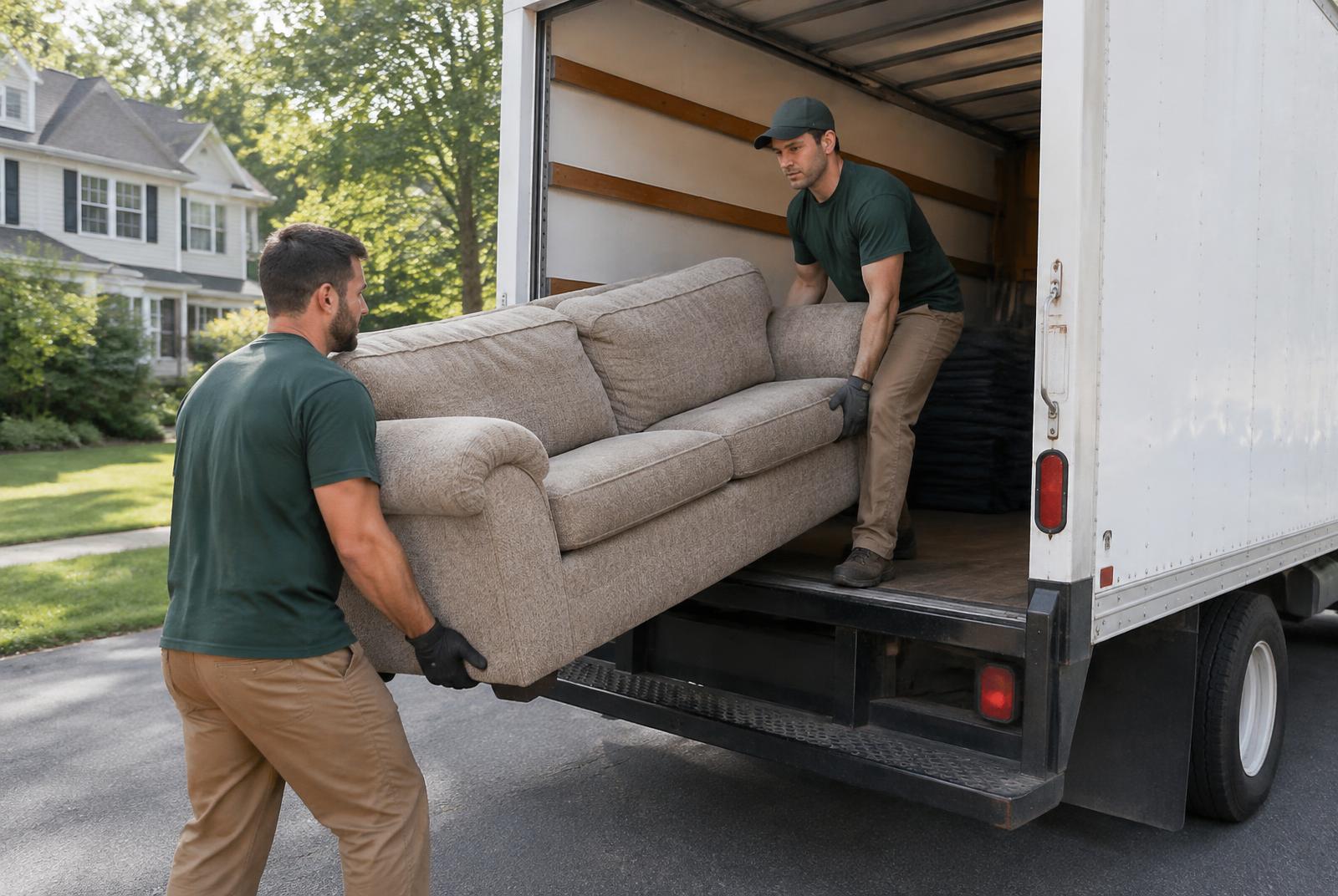 Grab My Junk crew loading an old couch into a removal truck in a Northern Virginia driveway