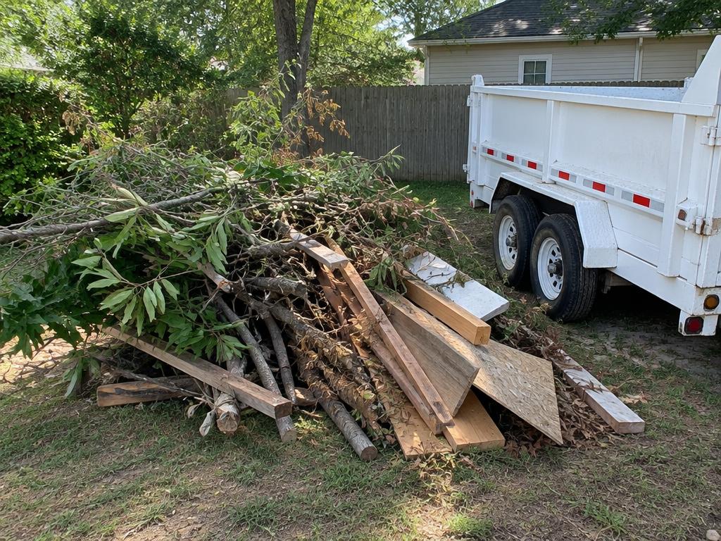 Pile of branches and lumber next to a dump trailer